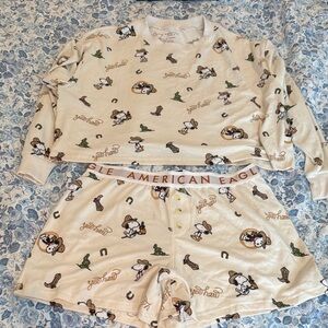 American Eagle Outfitters Pajama Set - Cream Snoopy Print